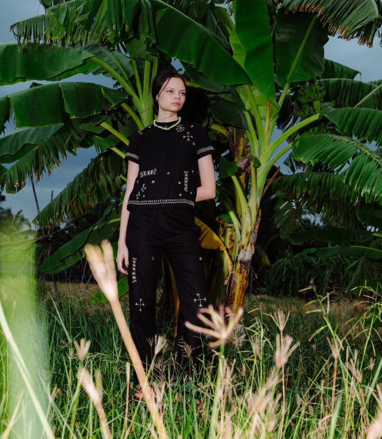 Embroidered Tie Trousers